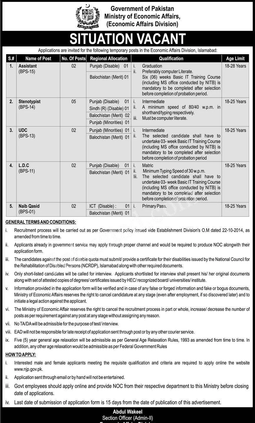 Ministry of Economic Affairs Jobs 2024 Advertisement